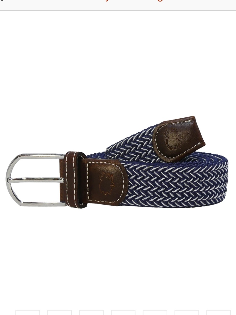 Braided Navy and White Stretch Belt with Brown Leather Trim